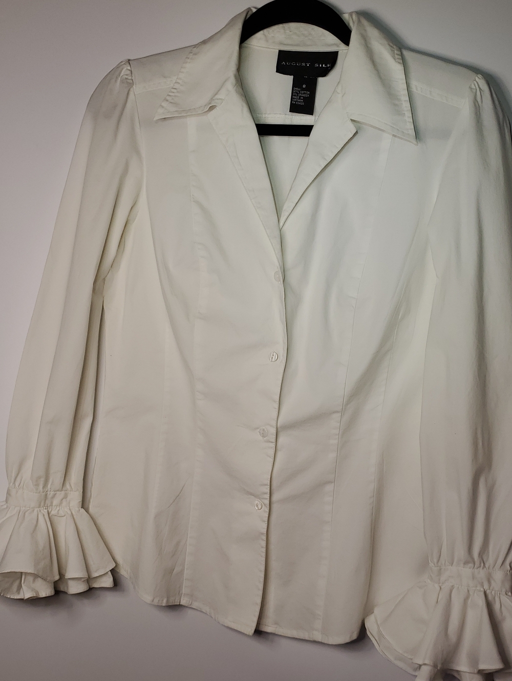 August Silk White Button -Front Blouse with Ruffle Cuffs